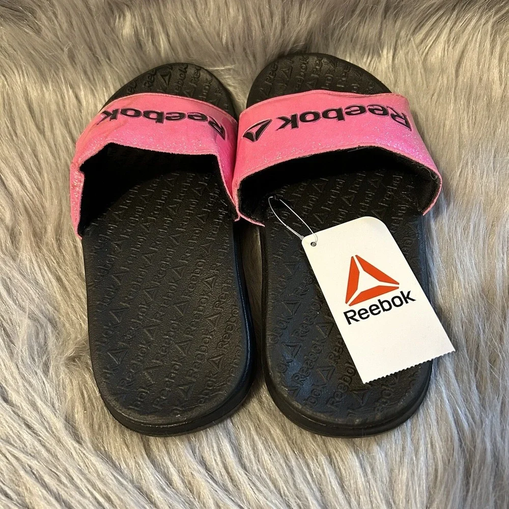Reebok Slides Girls Size 4 Pink Black Sparkly Glitter Slip On‎ Sandals Shoes NWT